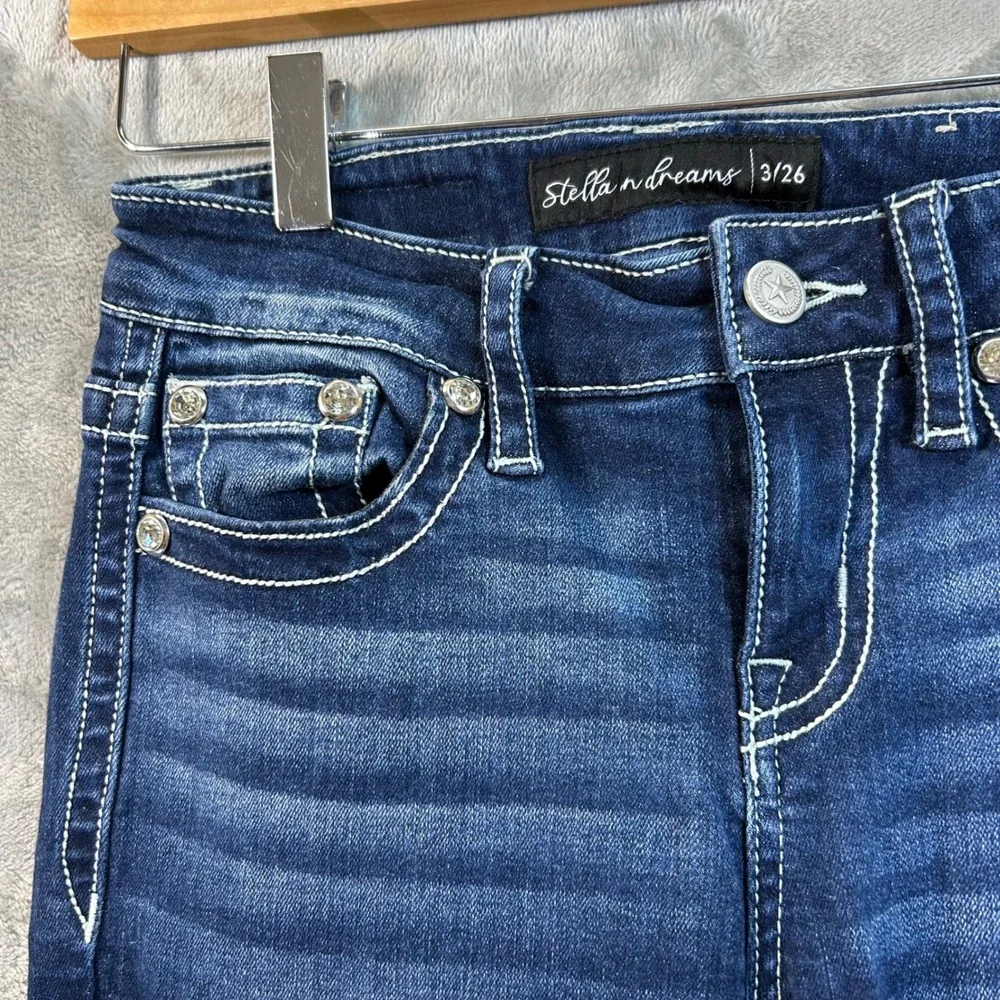 Stella in Dreams Womens Mid Rise Bootcut Jeans Dark Wash Cross Pocket SR100 3/26